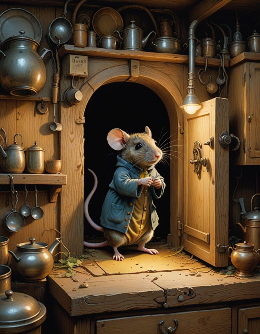 Whimsical Mouse in Golden Kitchen Nook