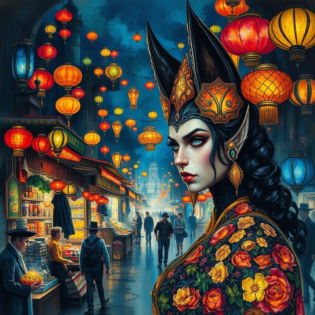 Fantastical City Night Market: Expressive Oil Painting