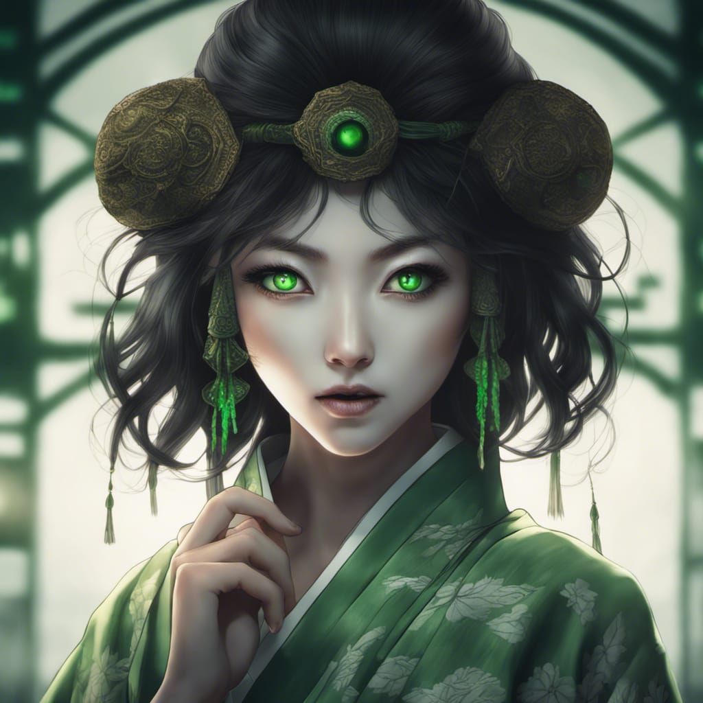 Hyperrealistic Yokai Woman with Glowing Eyes