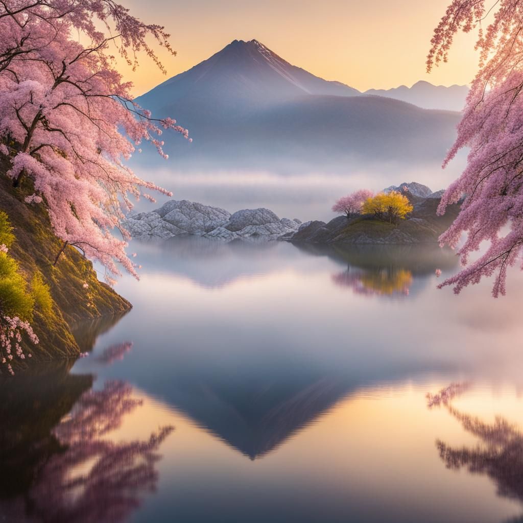 Misty Lake Reflecting Sakura Cherry Blossoms