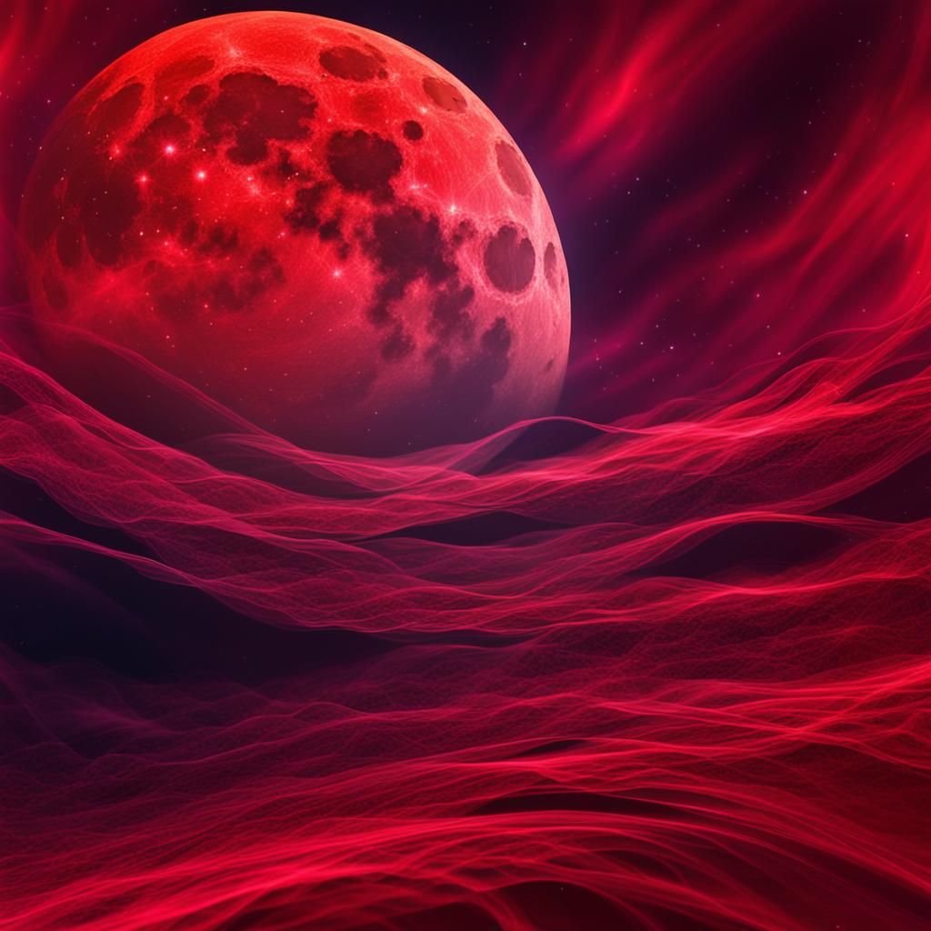 Abstract Red Moon with Ethereal Galaxy Clouds