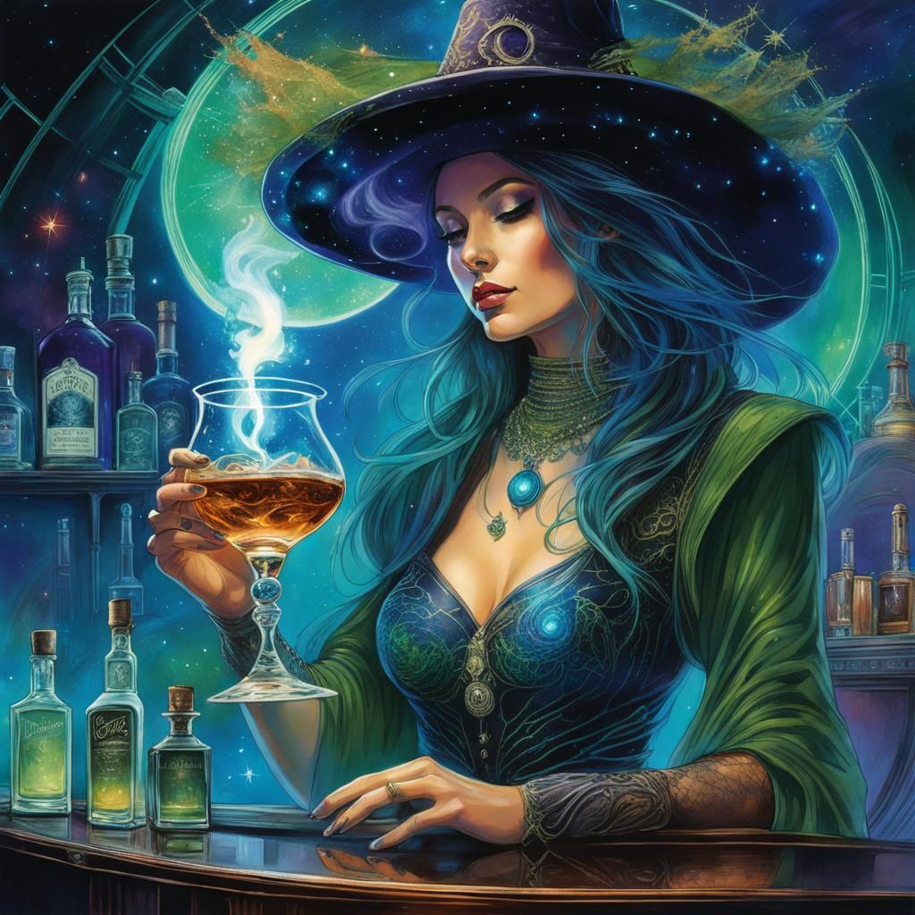 Cosmic Witch Mixologist in Futuristic Bar