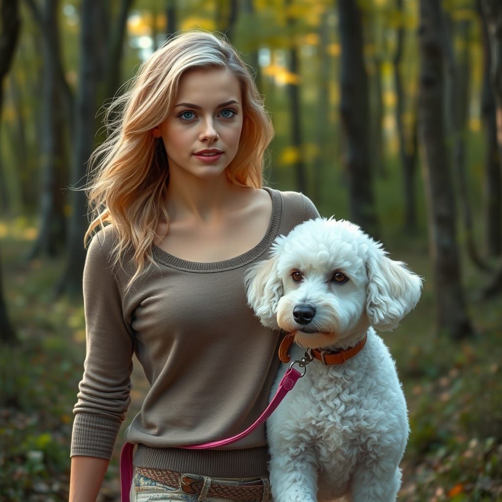 Woman with Poodle in Forest, Photorealistic Digital Art