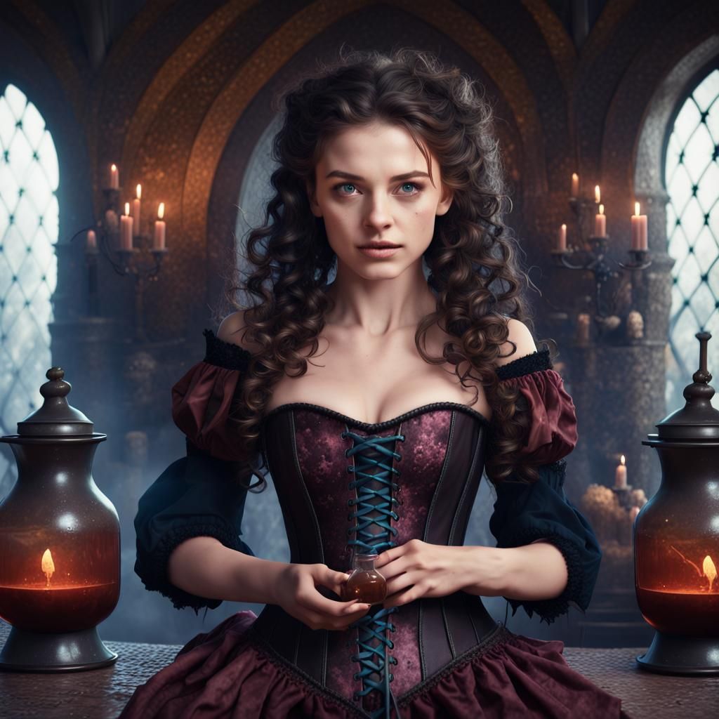 Medieval Witch Brewing Potion in Castle Lair