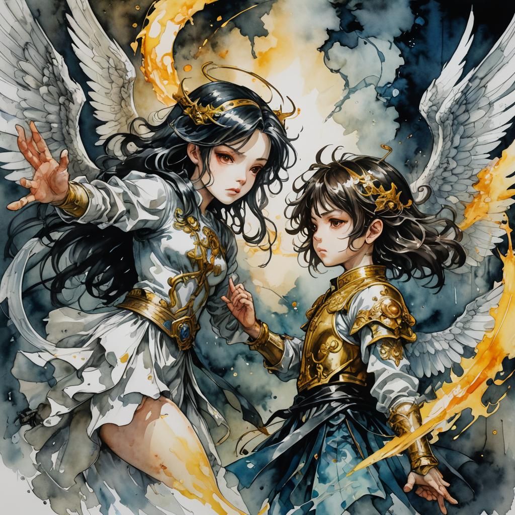 Angels and Demons Clash at Dawn: Watercolor Comic