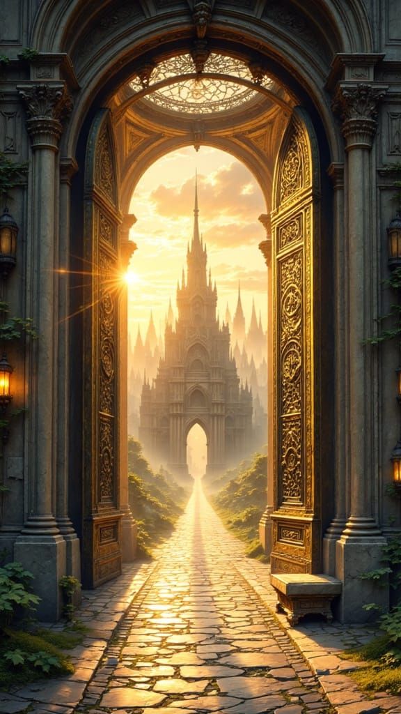Ethereal Golden Gate to Grand Cathedral Cityscape