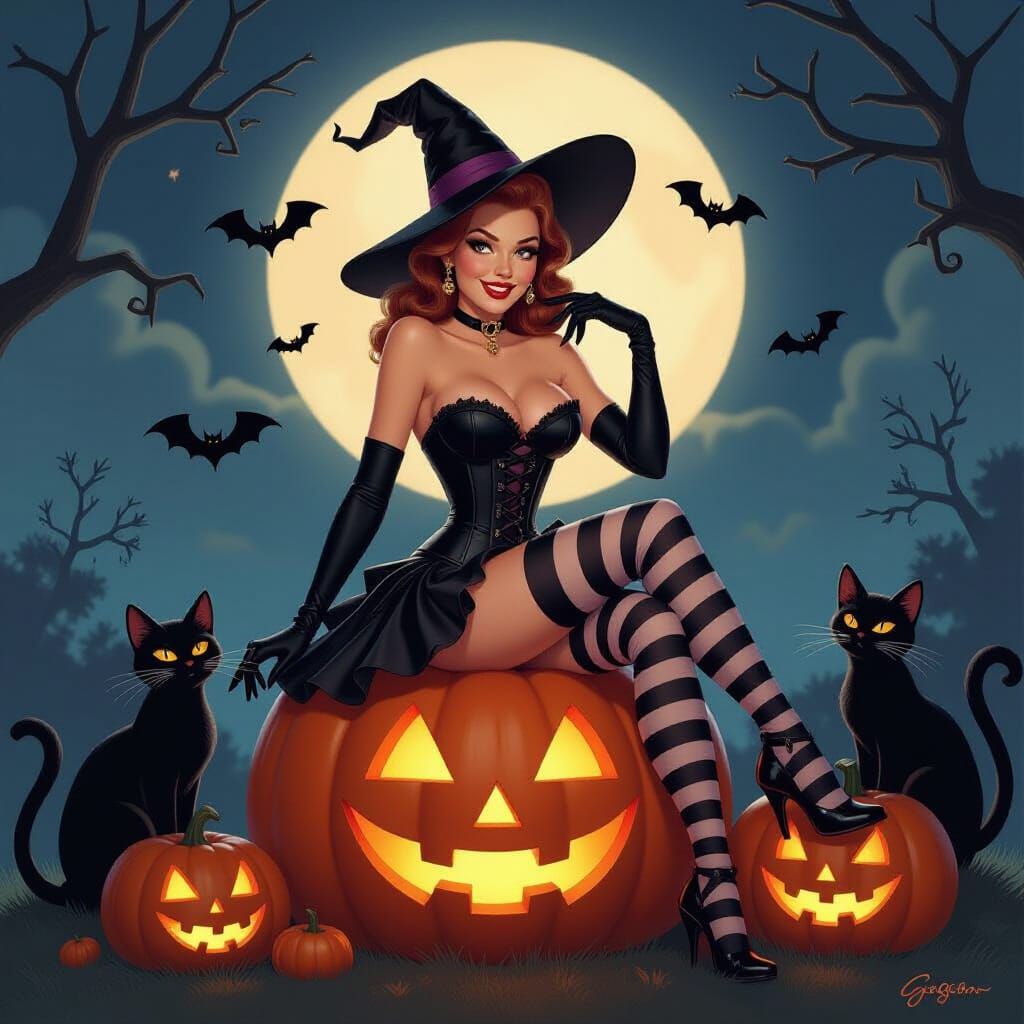 Vintage Halloween Pin-Up Witch Portrait