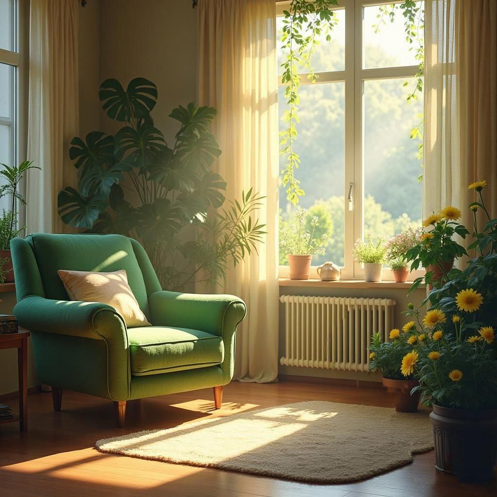 Sunlit Cozy Living Room with Green Chair