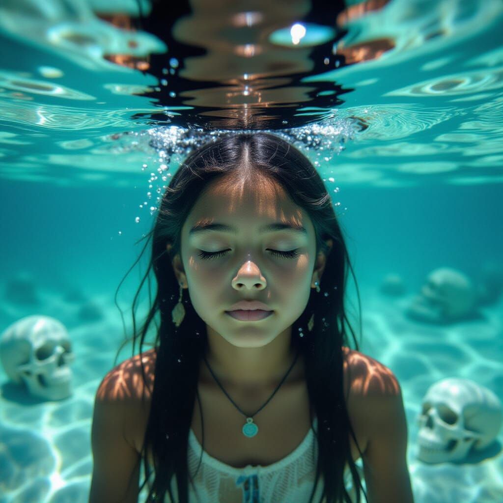 Native American Girl Submerged in Dreamlike Underwater World