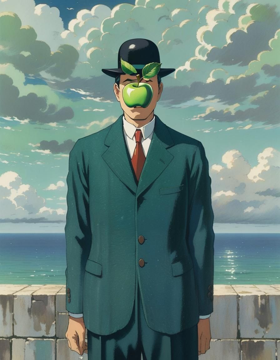 Surreal Apple Man in Dreamlike Ghibli Style