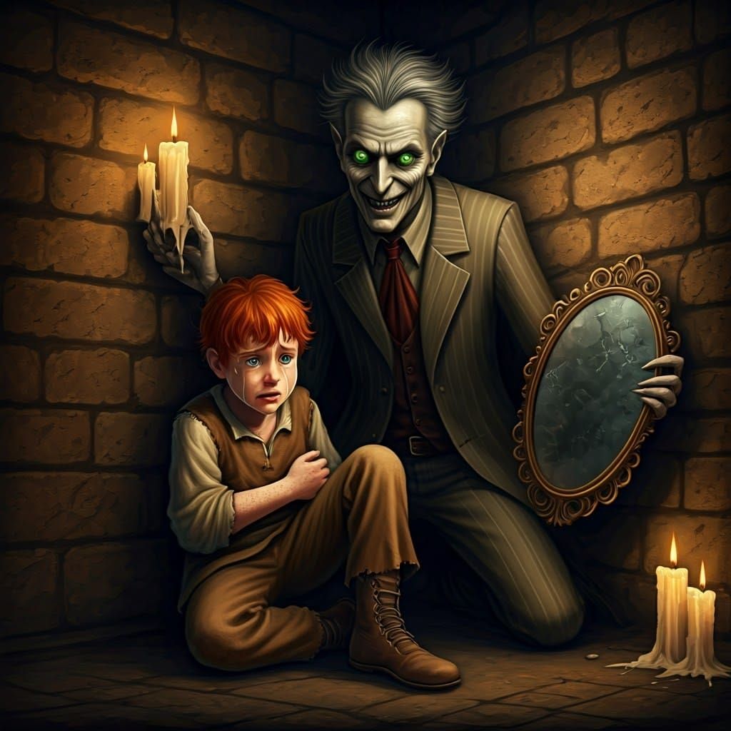 Terrified Boy and Ominous Reflection in Dark Surrealism