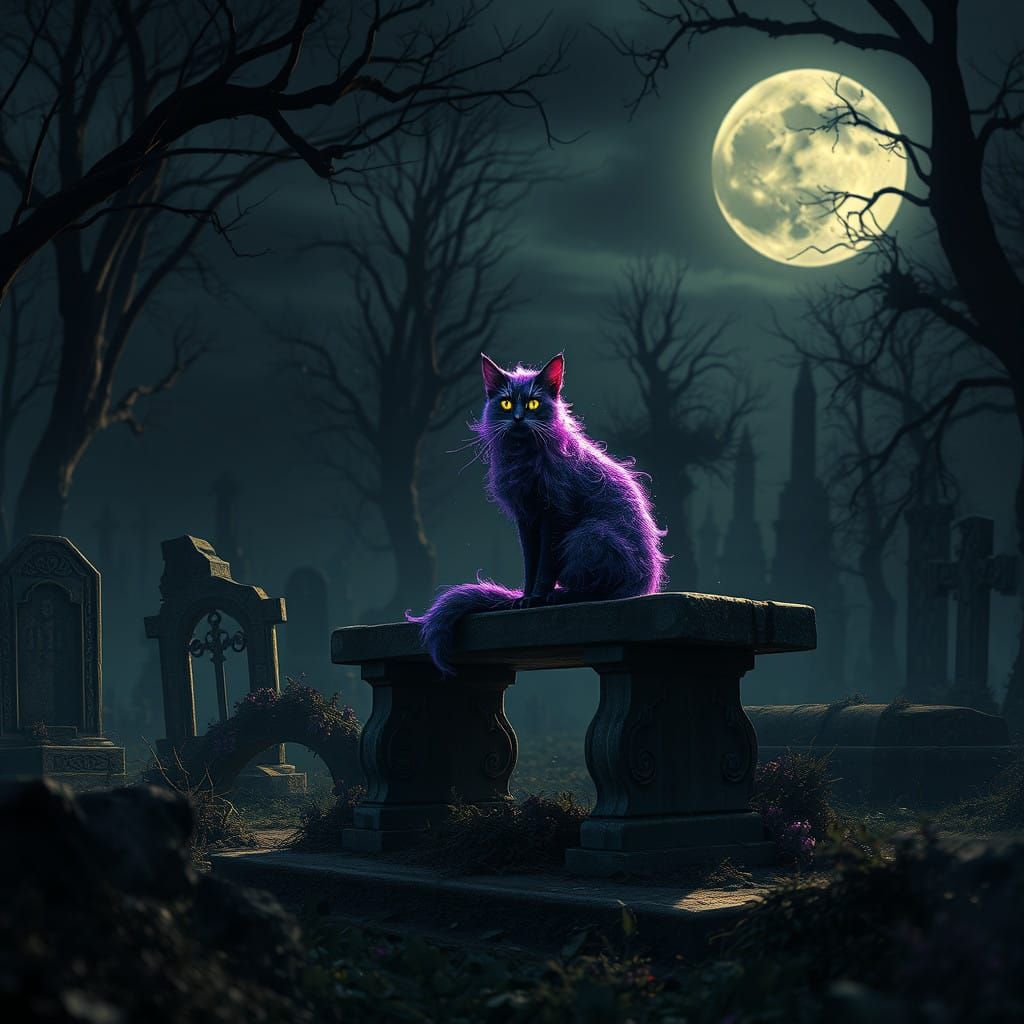 Ethereal Ghostcat Reigns in Dark Fantasy Graveyard
