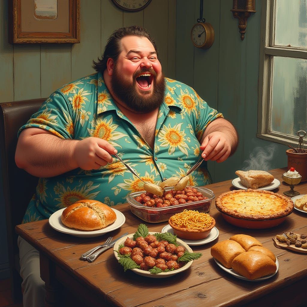 Whimsical Feast: A Jovial Man's Table-Clearing Delight