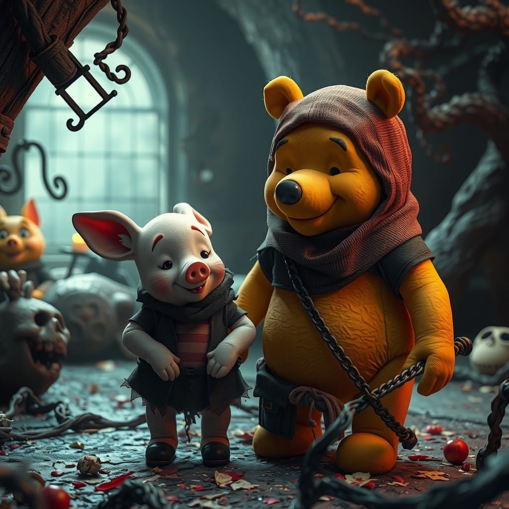 Eerie Winnie the Pooh and Piglet in 3D Anime Style