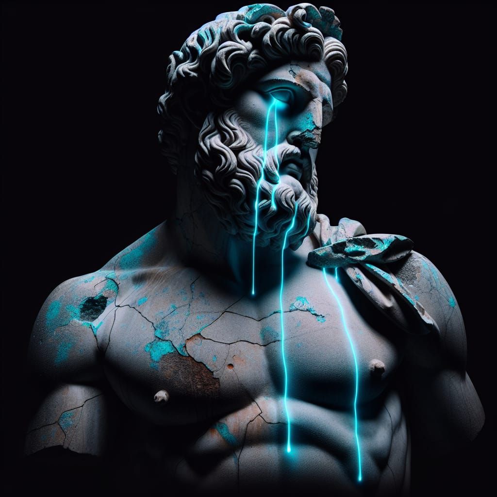 Ancient Greek Statue with Blue Neon Tears
