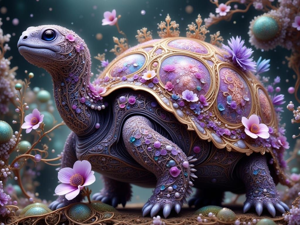 Gem Turtle with Floral Lace and Filigree Shell