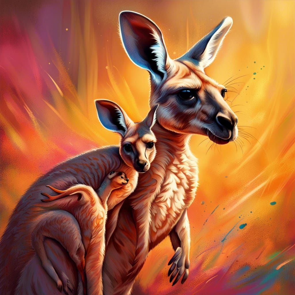 Kangaroo with Baby in Hyperrealistic Splash Art
