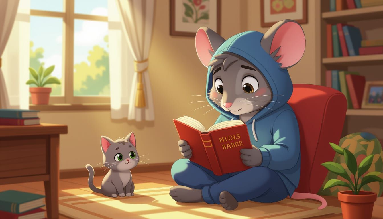 Introverted Mouse Reading with Cat, 2D Cartoon