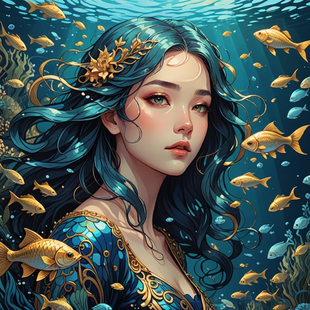 Vibrant Jugendstil Girl Dives Through an Underwater Garden