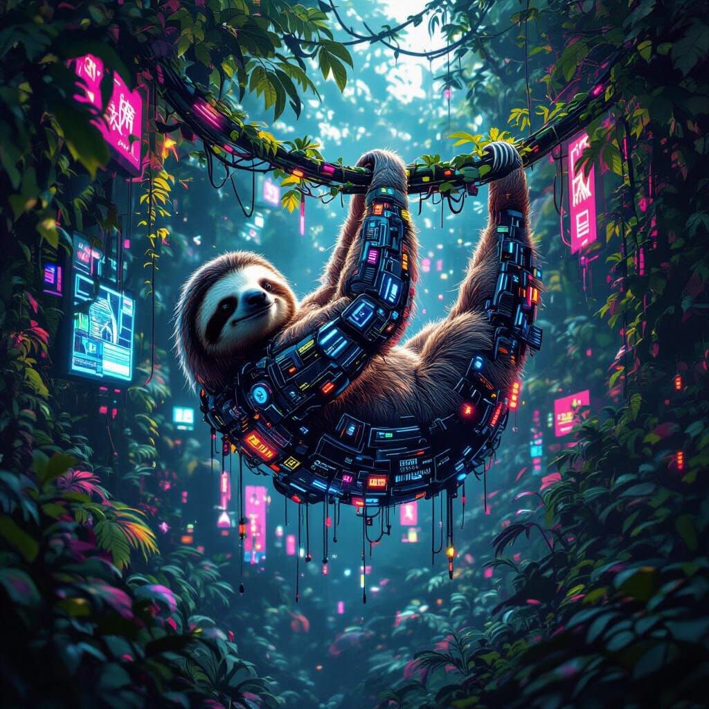 Cyberpunk Sloth on Bio-Luminescent Vine in Neon Jungle