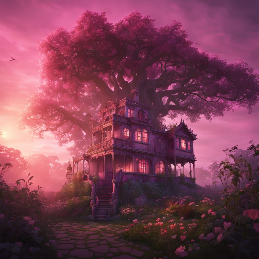 Ethereal Pink Treehouse Amidst a Foggy Garden at Sunset