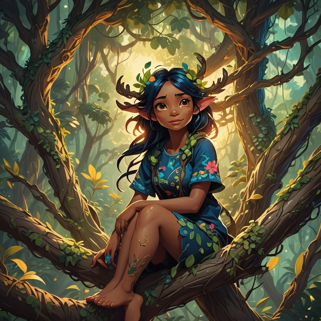 Stitch Girl in Lush Forest: Disney-Inspired Digital Art