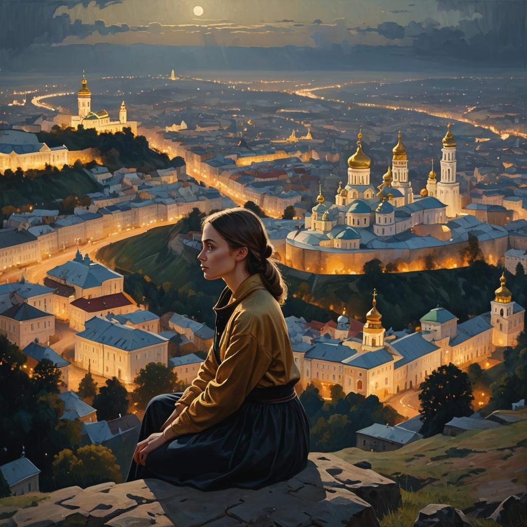 Soft Lighting fine art by Mimoza Veliu and Mario Giacomelli, young Ukrainian woman sitting on the edge of a hill overloo...