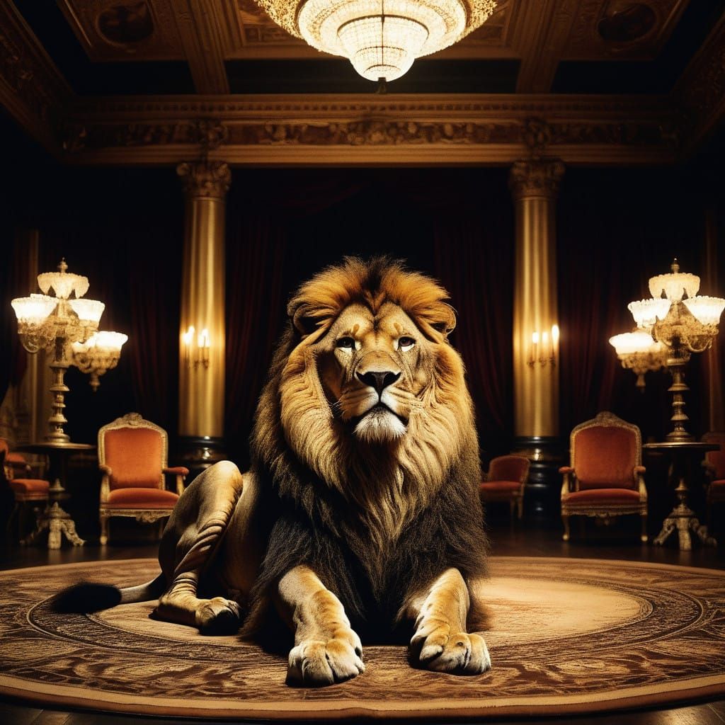 A Regal Lion Reigns in Luxurious Golden Cube Room