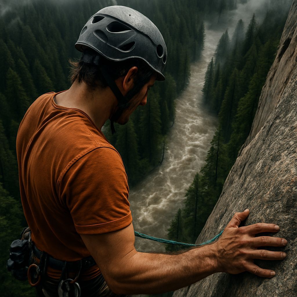 Rock Climber's High-Altitude View of Flooded River