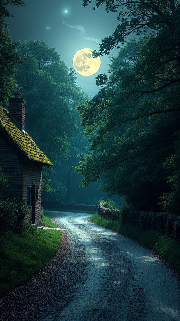 Moonlit Path to Cottage in Romantic Landscape