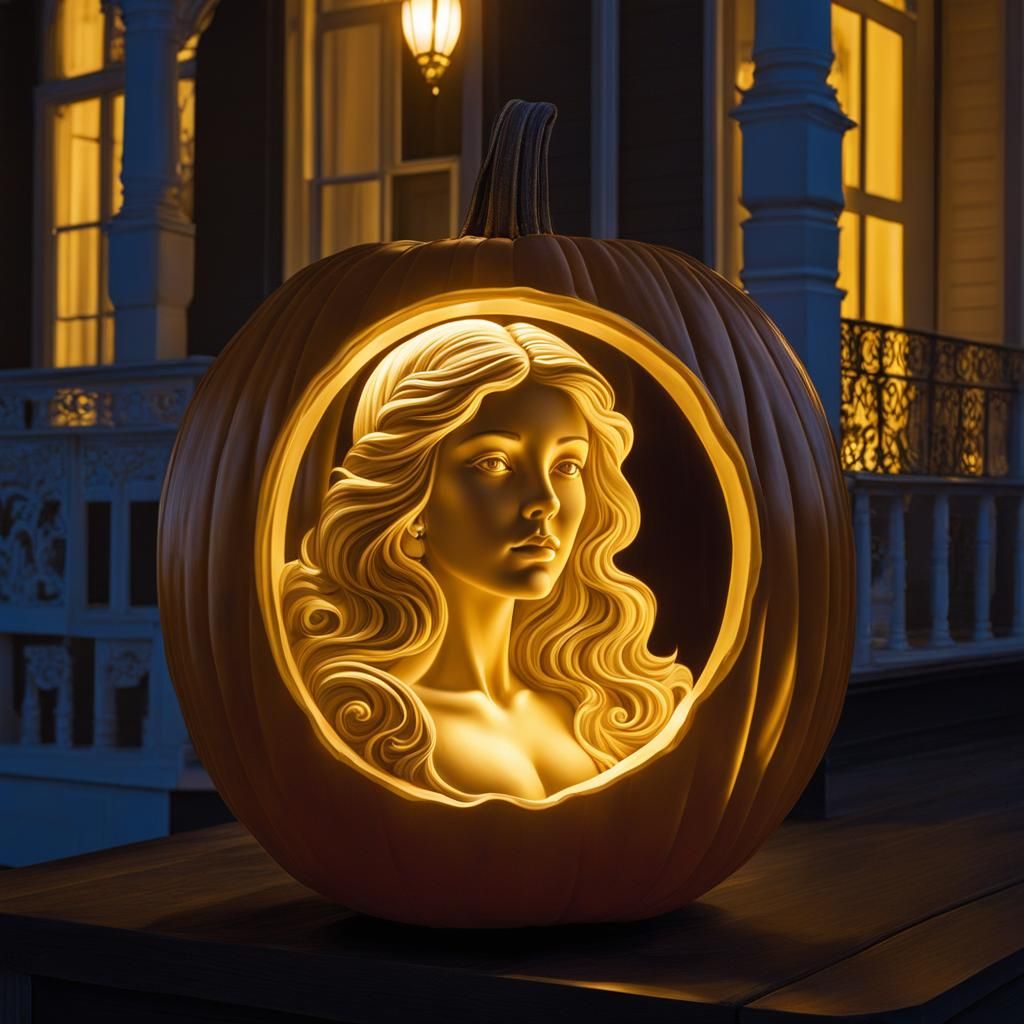 Pumpkin Carving of a Woman in Art Nouveau Style