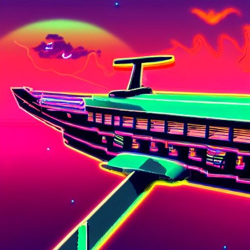 Neon Retro Ghost Ship Flying in Synthwave Style