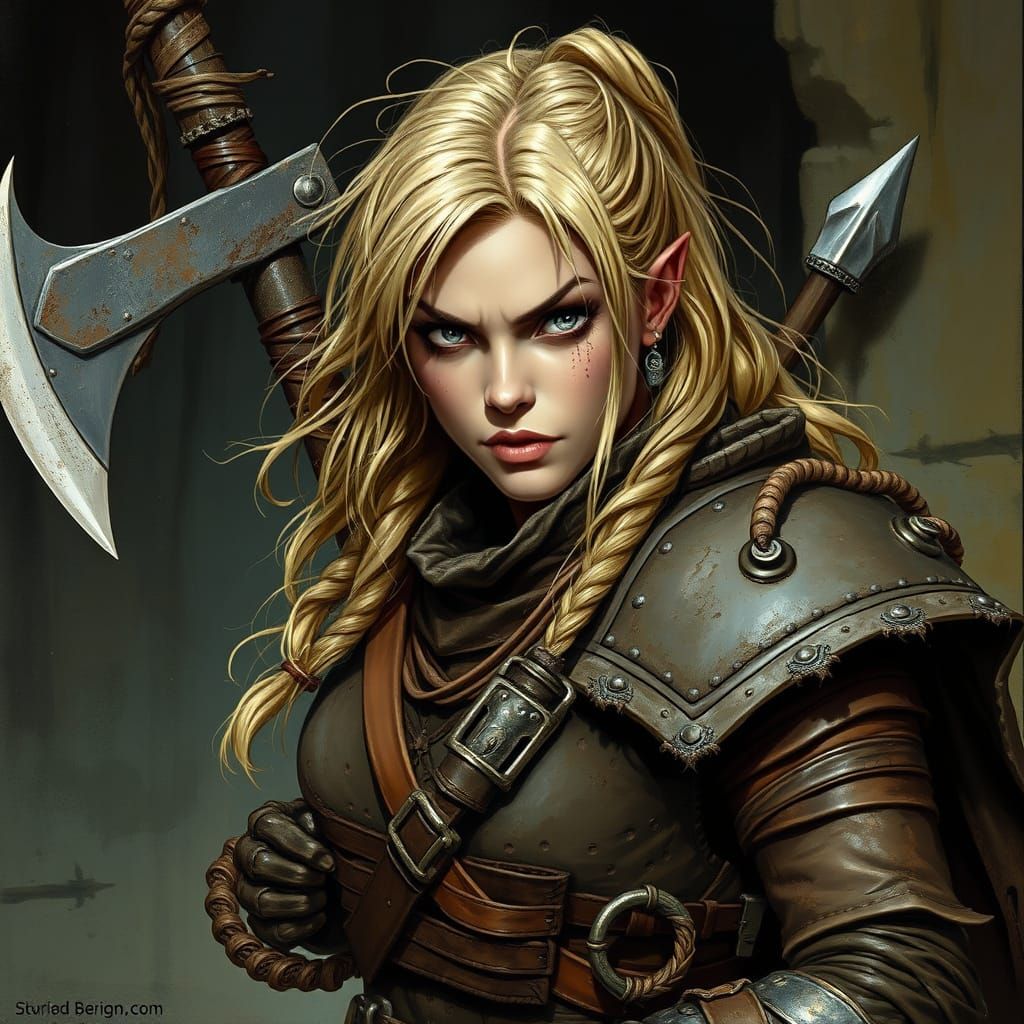 Epic Female Half-Orc Assassin in Medieval Battle Scene