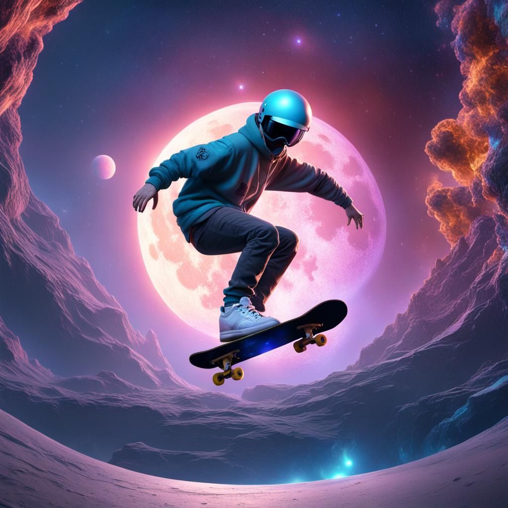 Cosmic Skateboarding on the Moon in Galaxy Style