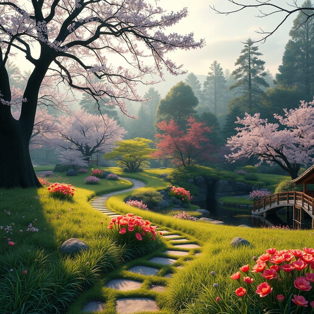 Surreal Japanese Garden Scene at Dawn in Spring