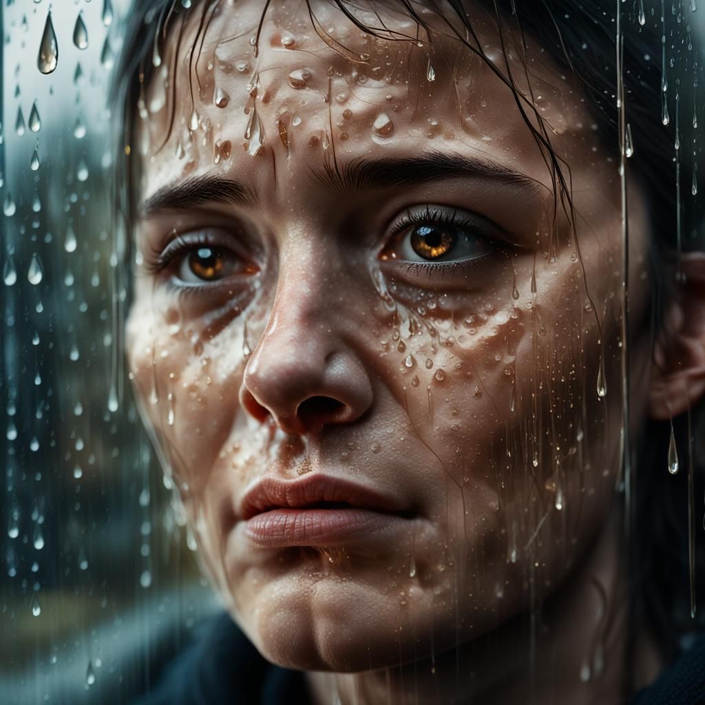 Crying Woman in Rain: Hyper-Realistic Portrait