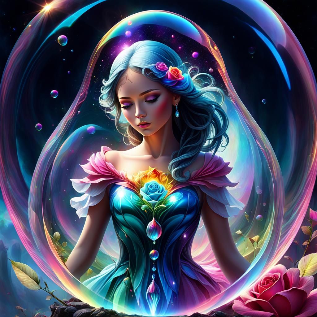 Mystical Rose Woman in Iridescent Bubble