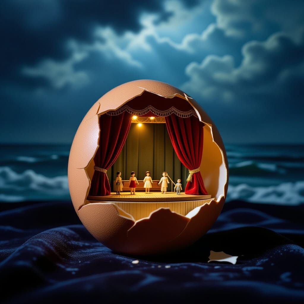 Cracked Egg Miniature Puppet Theatre, Hyper-Realistic Photo