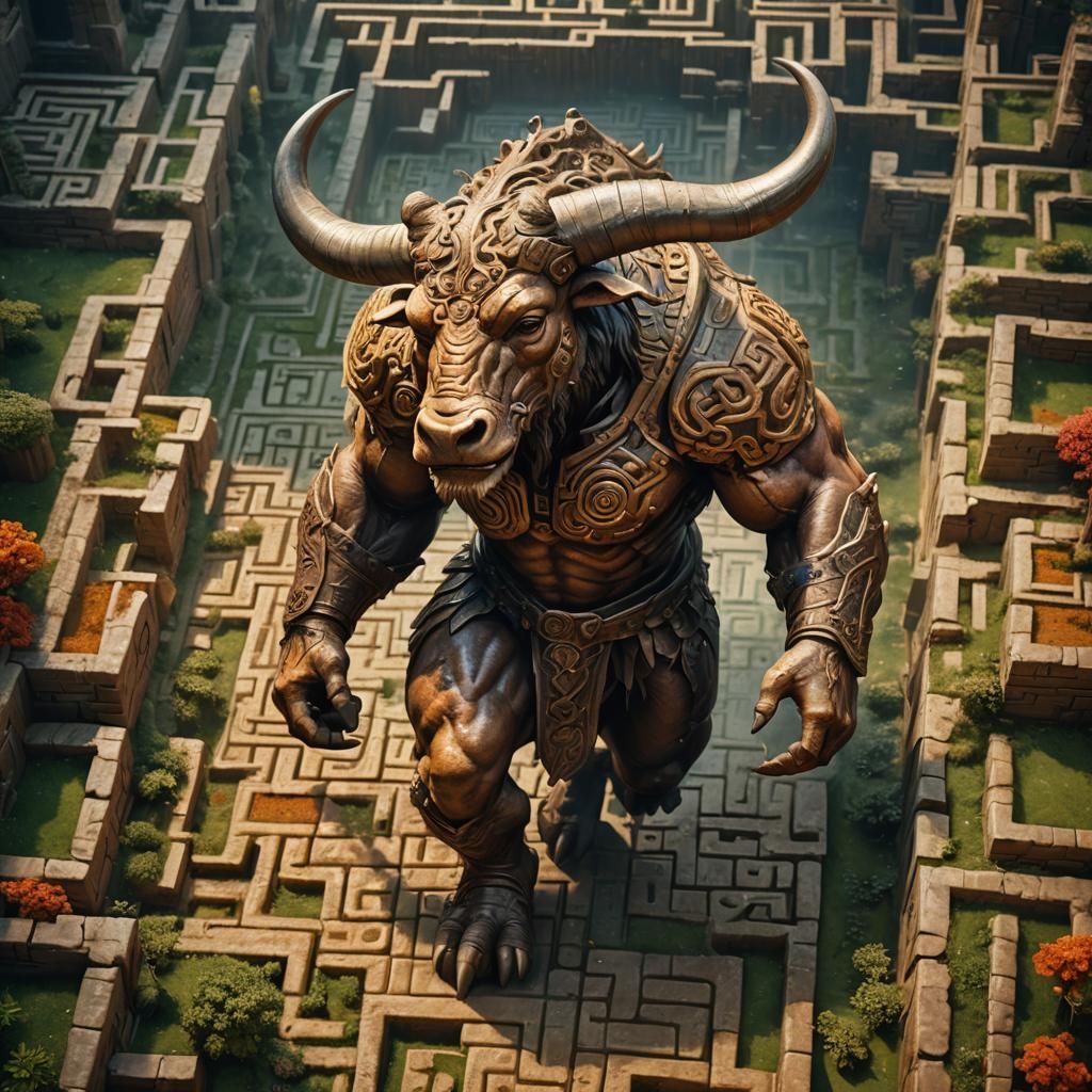 Hyperrealistic Minotaur Pacing in Colorful Maze