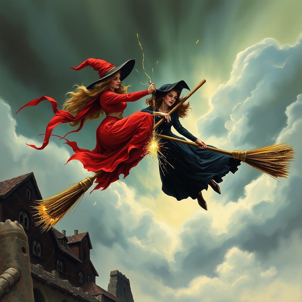 Witches Collide Mid-Air on Broomsticks in Stormy Sky