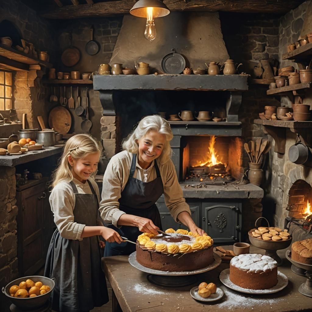 Heartwarming Vintage Kitchen Scene with Grandmother and Gran...