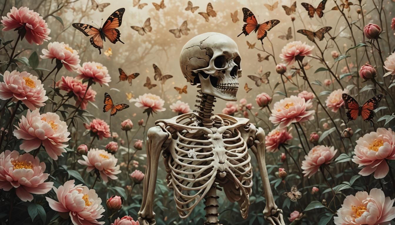 Ethereal Skeleton with Butterflies and Peonies