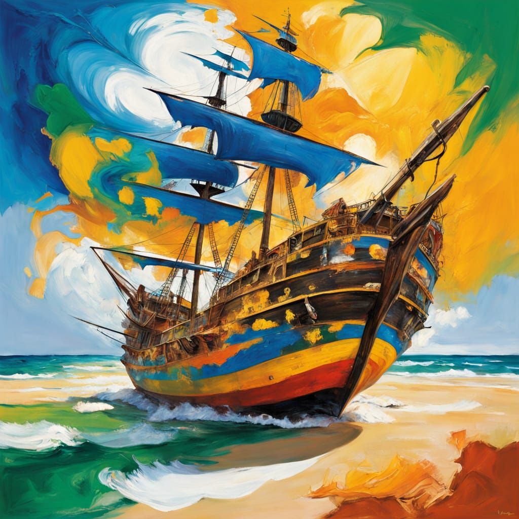Expressive Caribbean Pirate Ship in Abstract Expressionism
