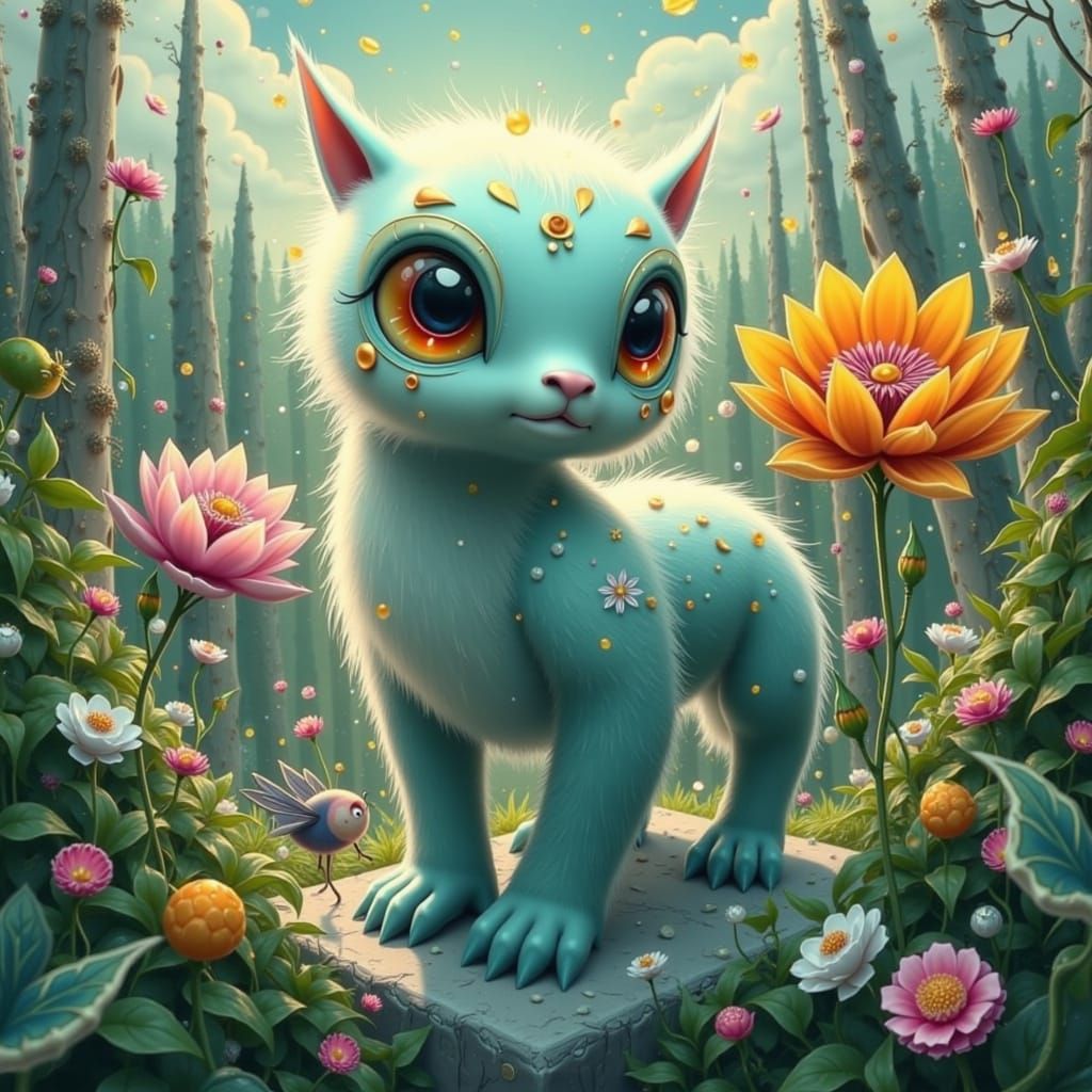 Furry Creature in Lush Forest, Playful Surrealism