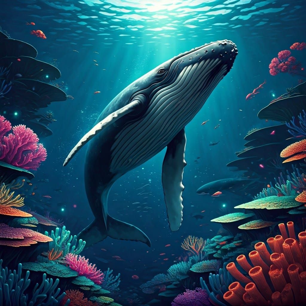 Whale Breaching in Bioluminescent Underwater Landscape