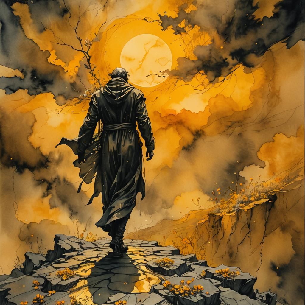 Surreal Figure in Fractured Temporal Landscape