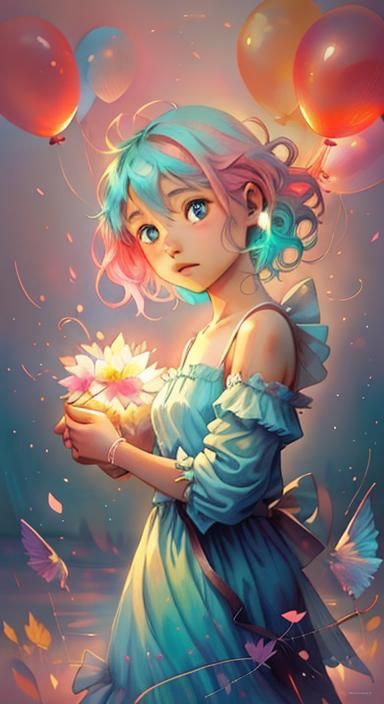 Girl with Balloons: Whimsical Alcohol Ink Illustration