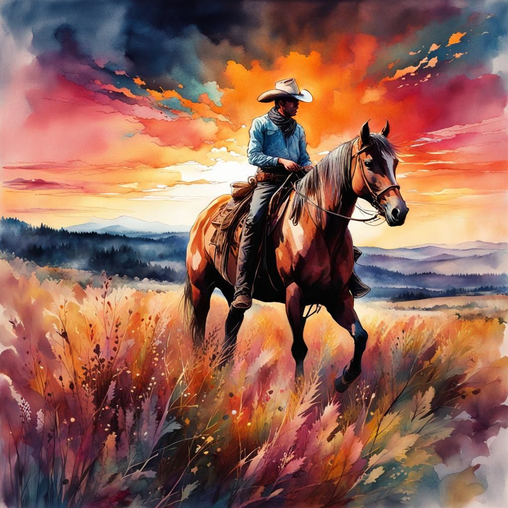 Cowboy at Crimson Sunset: Digital Watercolor Art