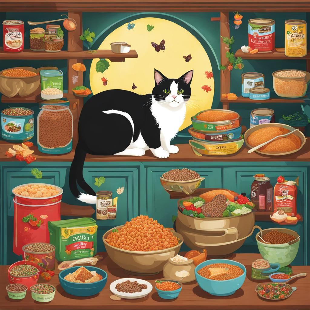 Whimsical Cat Fairy with Food and Home