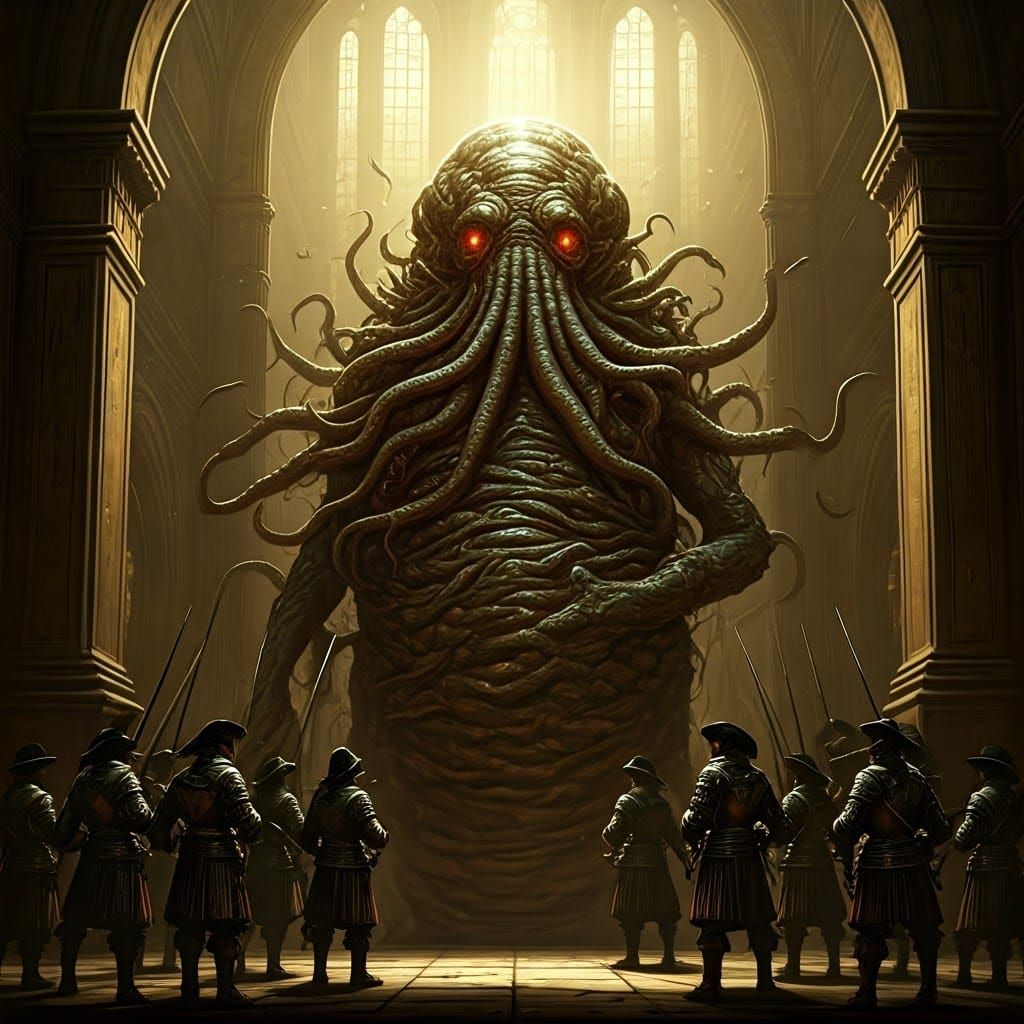 Shoggoth Surrounded by Musketeers in Baroque Style